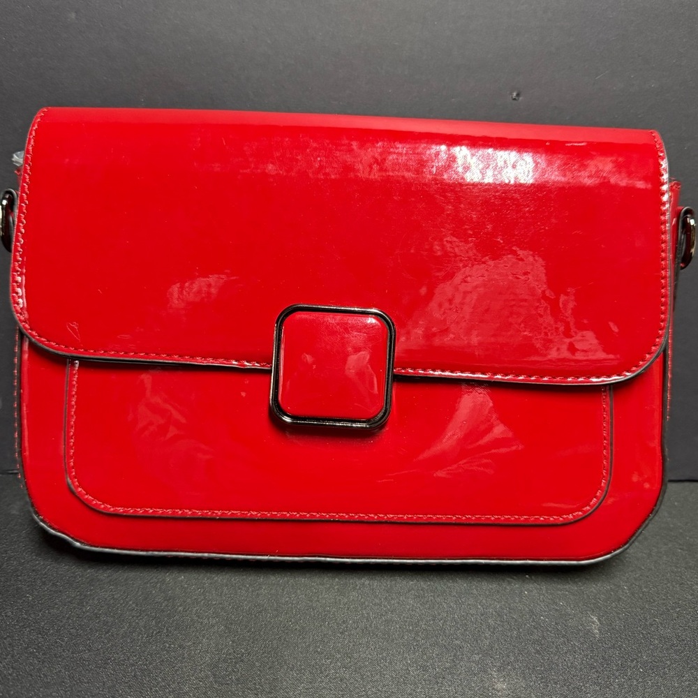 NEW 100% Red Vegan Patent Leather Spacious Crossbody Bag W/ Privacy Zipper